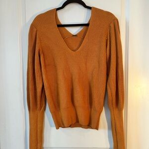 Free People Orangey/ Brown Ribbed DeepV Back & Front Puff Sleeve Sweater Small